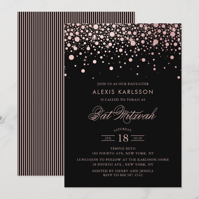 Invitation Faux Rose Gold Foil Confetti Black Bat mitzvah (Devant / Derrière)