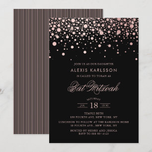 Invitation Faux Rose Gold Foil Confetti Black Bat mitzvah