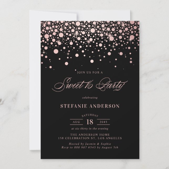 Invitation Faux Rose Gold Foil Confetti Black Sweet 16 Party (Devant)