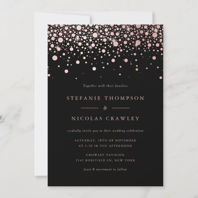 Invitation Faux Rose Gold Foil Confetti Dots Mariage noir (Devant)