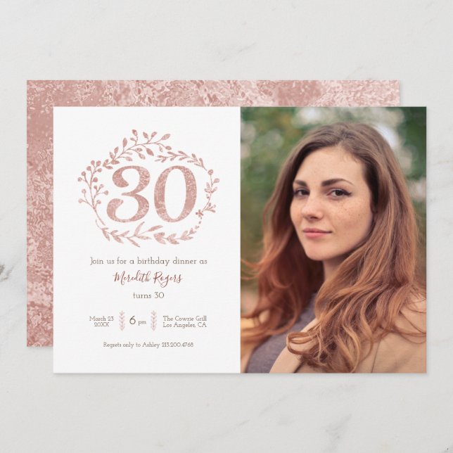 Invitation Faux Rose Gold Foliage Wreath 30e anniversaire (Devant / Derrière)