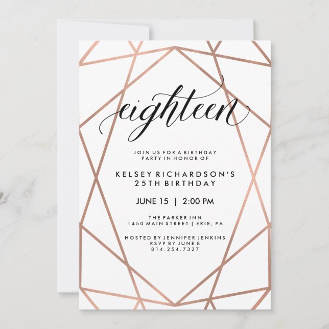 Invitation Faux Rose Gold Géométrique | 18e fête d'anniversai (Devant)