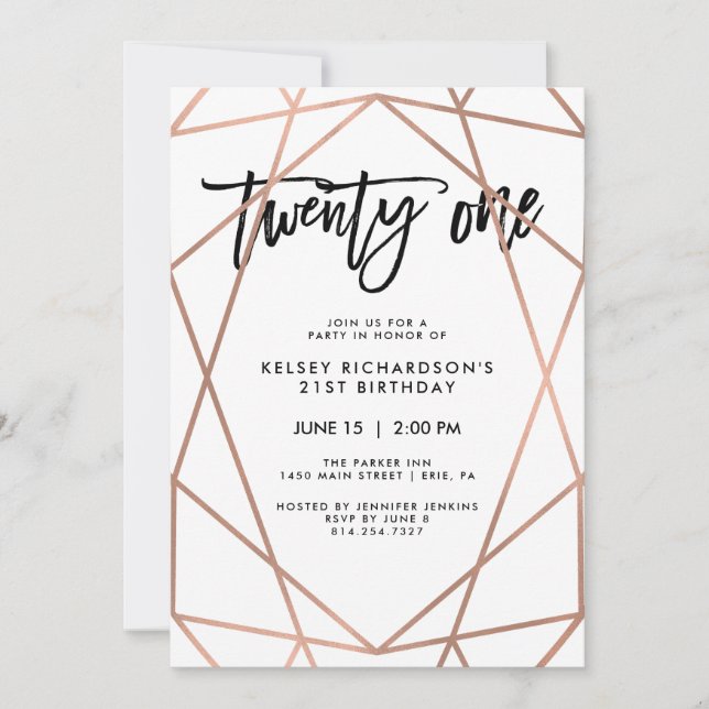 Invitation Faux Rose Gold Géométrique | Fête du 21e anniversa (Devant)