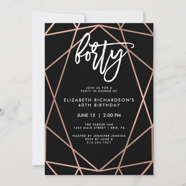 Invitation Faux Rose Gold Géométrique | Fête du 40e anniversa (Devant)