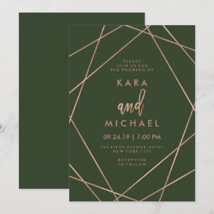Invitation Faux Rose Gold Géométrique   Mariage vert profond