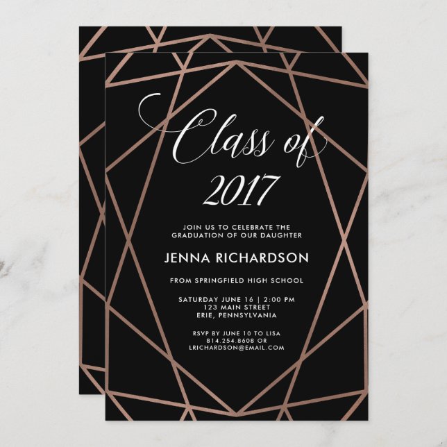 Invitation Faux Rose Gold Géométrique sur Black Graduation Pa (Devant / Derrière)