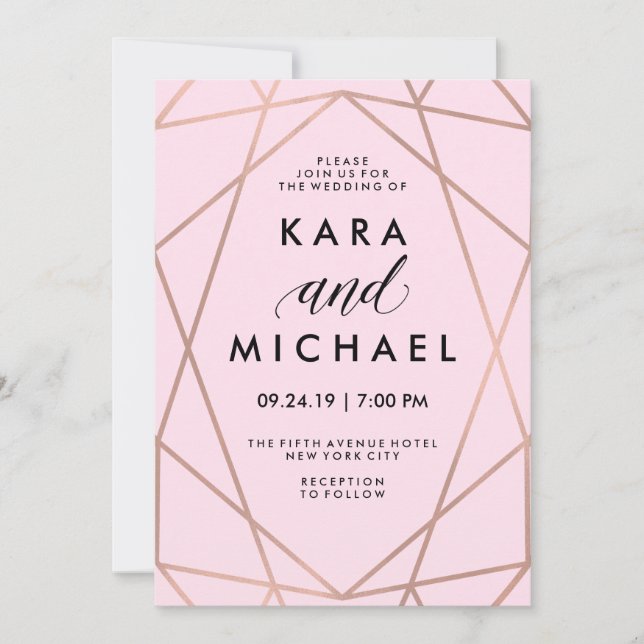 Invitation Faux Rose Gold Géométrique sur Mariage rose pâle (Devant)