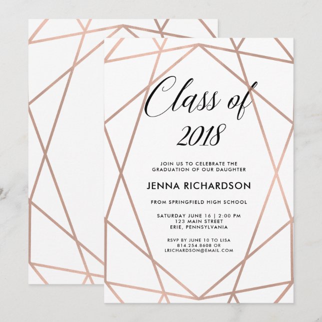 Invitation Faux Rose Gold Géométrique sur White Graduation Pa (Devant / Derrière)