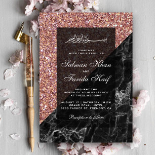Invitation Faux Rose Gold Pailleté Marbre Noir Mariage Musulm