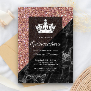 Invitation Faux Rose Gold Pailleté Marbre Noir Quinceanera