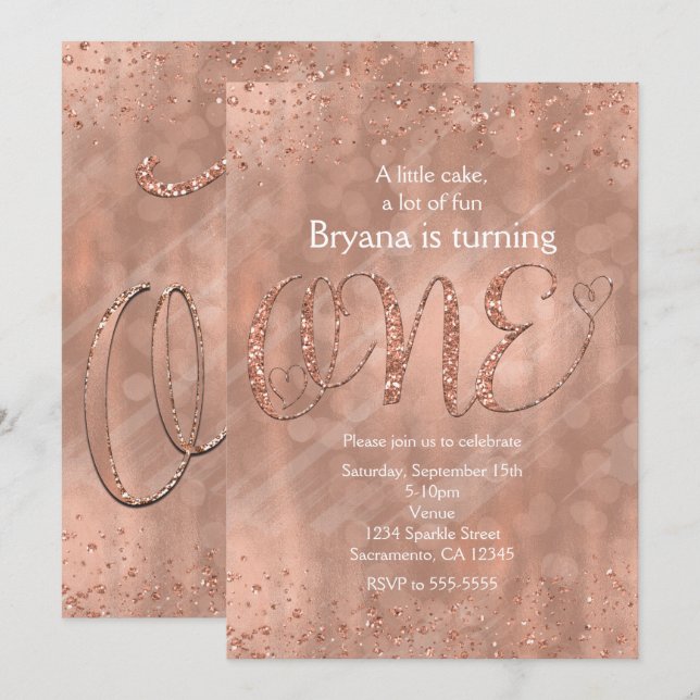 Invitation Faux Rose Gold Pailletée pour 1er Anniv (Devant / Derrière)