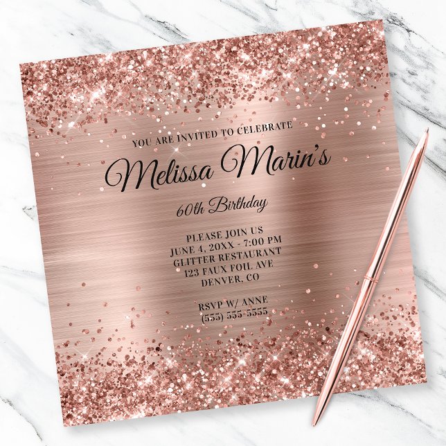 Invitation Faux Rose Gold Parties scintillant Foil Monogramme (Create your own milestone birthday invitation for her.)