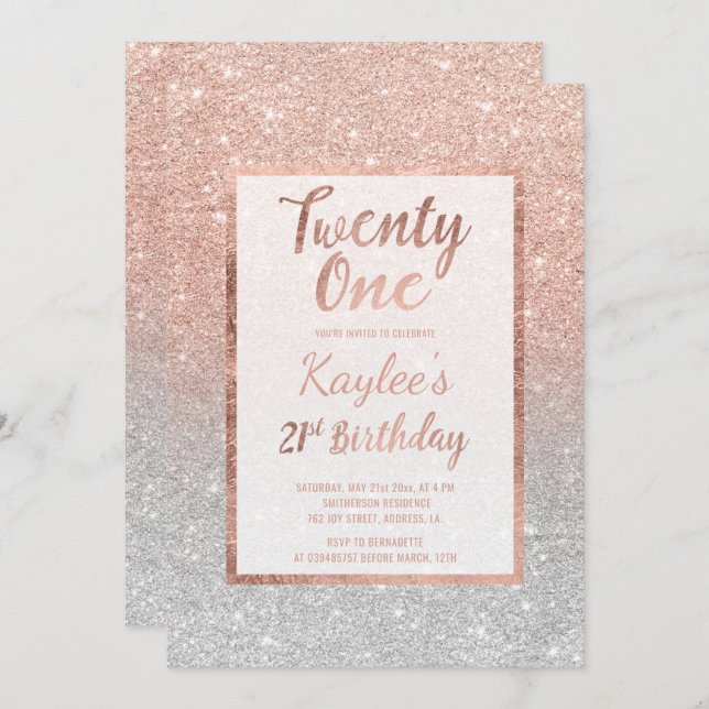 Invitation Faux rose or faux parties scintillant argent chic  (Devant / Derrière)