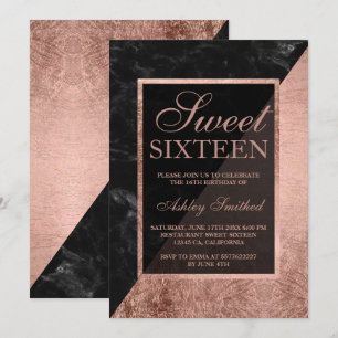Invitation Faux rose or noir marbre bloc couleur Sweet 16