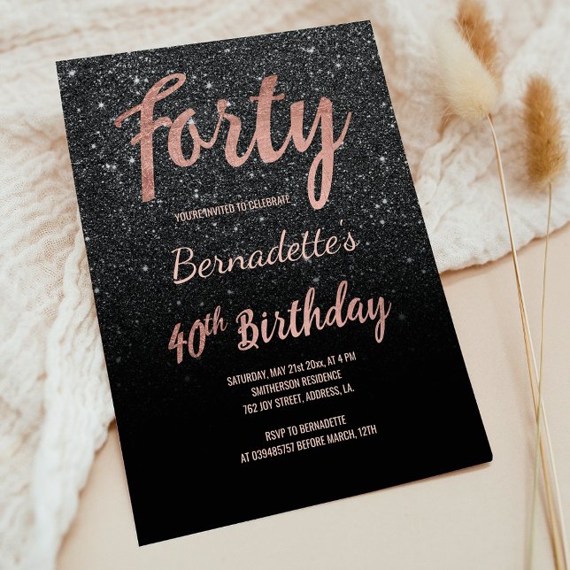 Invitation Faux rose or noir parties scintillant 40e annivers (Faux rose gold black glitter 40th Birthday Invitation)