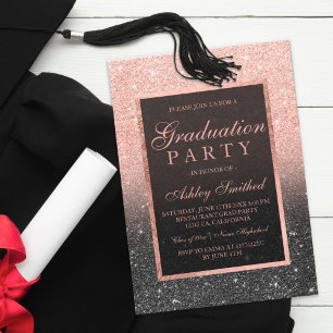 Invitation Faux rose or parties scintillant noir Graduation