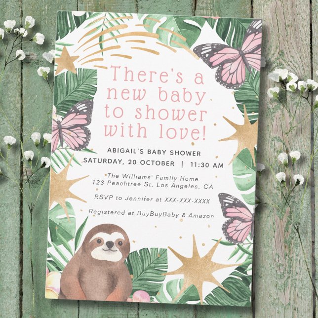 Invitation Faux Rose Or Sloth & Butterfly Girl Baby shower (Créateur téléchargé)