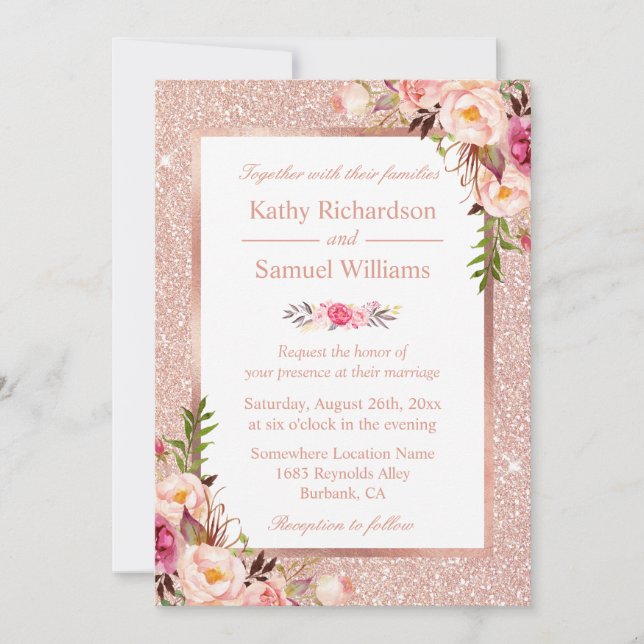 Invitation Faux Rose Parties scintillant or Blush Floral Mari (Devant)