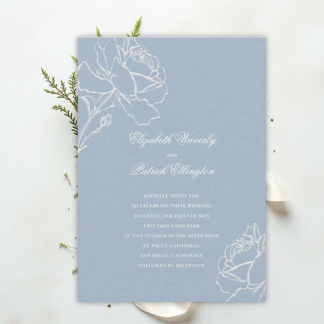 Invitation Faux Roses Bleues En Relief Mariage Formel Classiq (blue wedding theme dusty white invitation formal traditional modern classic floral elegant roses)