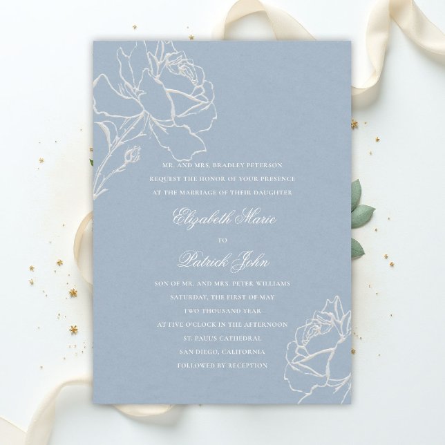 Invitation Faux Roses Bleues En Relief Mariage Formel des Par (blue wedding theme dusty white invitation formal traditional modern classic floral roses elegant)
