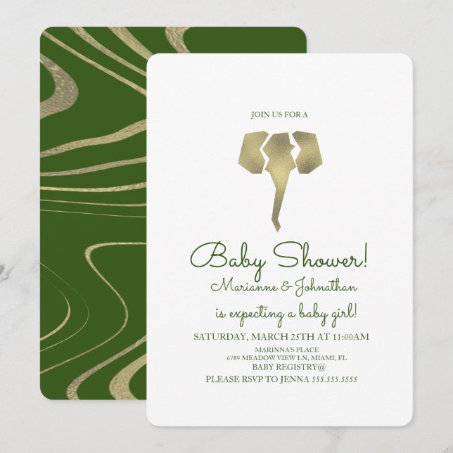 Invitation Faux Safari Éléphant Doré Baby Shower (Devant / Derrière)