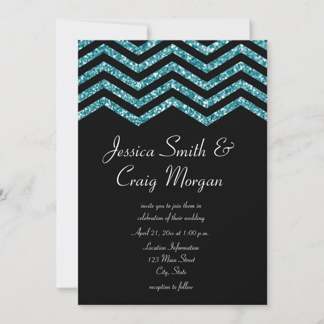 Invitation Faux sarcelle et paillettes noires Chevrons Mariag (Devant)