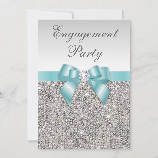 Invitation Faux Séquences Argent Partie d'engagement Turquois (Devant)