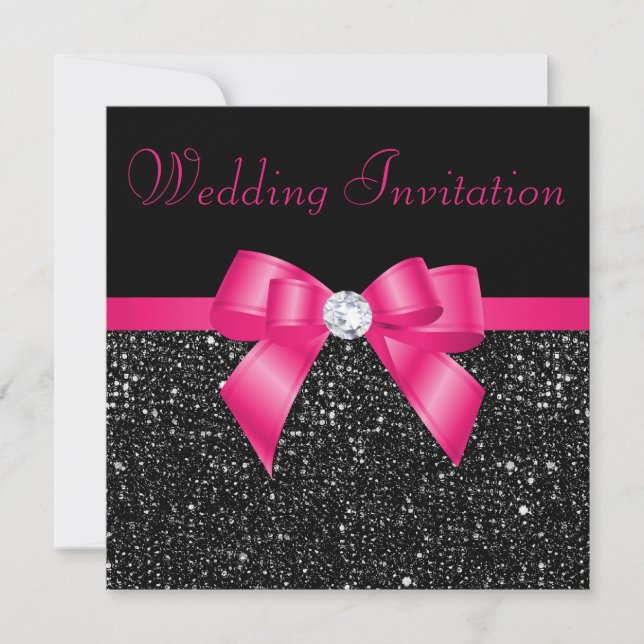 Invitation Faux Séquences noires Hot Pink Bow Mariage (Devant)