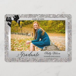 Invitation Faux Séquins Argent Black Bow Graduation Photo
