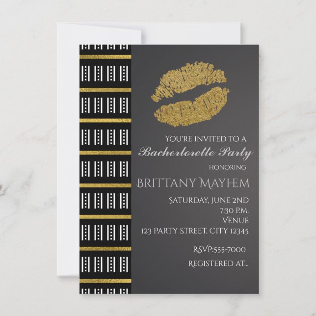 Invitation Faux Shimmer Lèvres Noir Blanc & Or Baiser Fête (Devant)