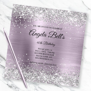 Invitation Faux Shiny Silver Parties scintillant Lavender Foi