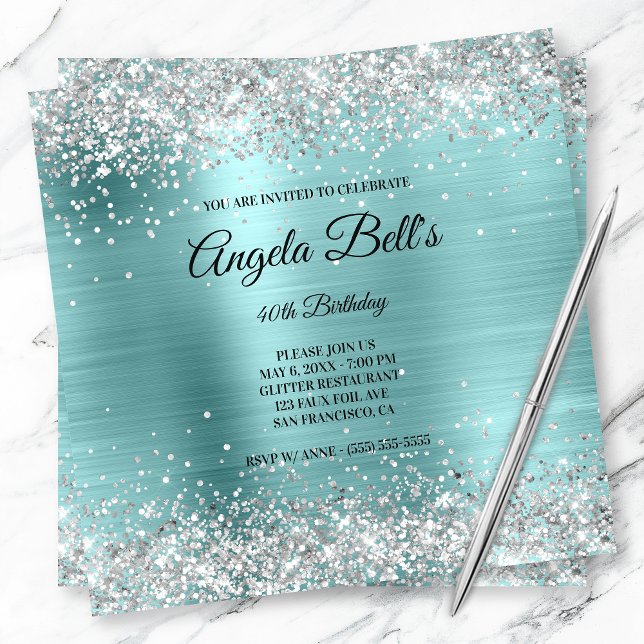 Invitation Faux Shiny Silver Parties scintillant Turquoise Fo (Créateur téléchargé)
