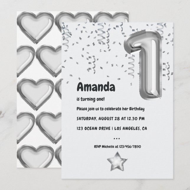 Invitation Faux Silver Foil Balloon 1er anniversaire (Devant / Derrière)