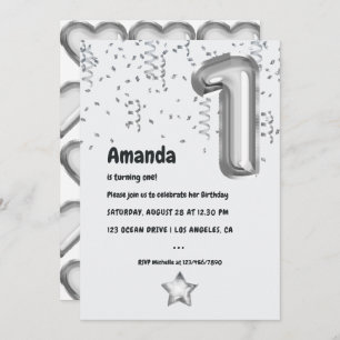 Invitation Faux Silver Foil Balloon 1er anniversaire