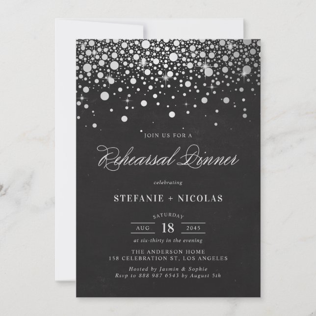 Invitation Faux Silver Foil Confetti Chalkboard Répétition (Devant)