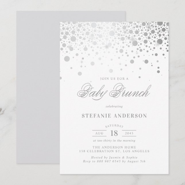 Invitation Faux Silver Foil Confetti Dots Baby Brunch (Devant / Derrière)