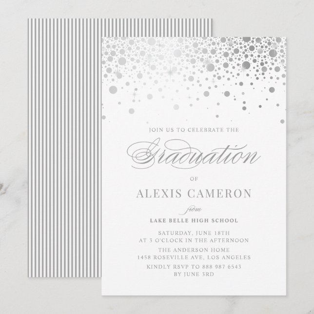 Invitation Faux Silver Foil Confetti Dots Graduation (Devant / Derrière)