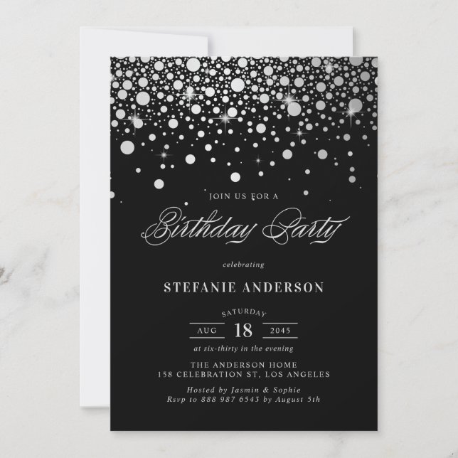 Invitation Faux Silver Foil Confetti Dots Noir Anniversaire (Devant)