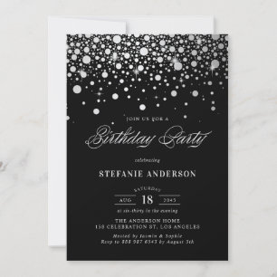 Invitation Faux Silver Foil Confetti Dots Noir Anniversaire