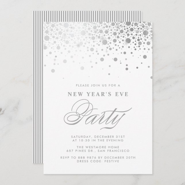 Invitation Faux Silver Foil Confetti New Year's Eve Party (Devant / Derrière)