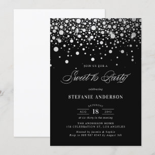 Invitation Faux Silver Foil Confetti   Sweet sixteen noir