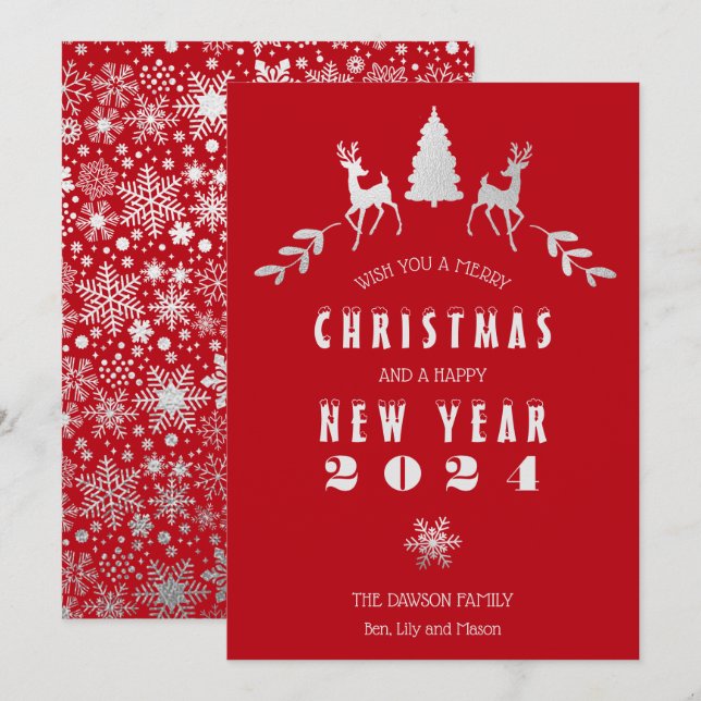 Invitation Faux Silver Foil et Red Merry Christmas Card (Devant / Derrière)