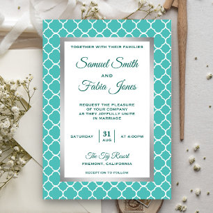 Invitation Faux Silver Foil Turquoise Quatrefoil Mariage Invi