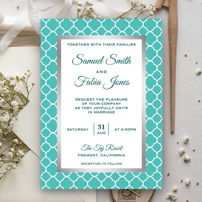 Invitation Faux Silver Foil Turquoise Quatrefoil Mariage Invi (Créateur téléchargé)