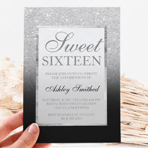 Invitation Faux silver glitter black elegant chic Sweet 16