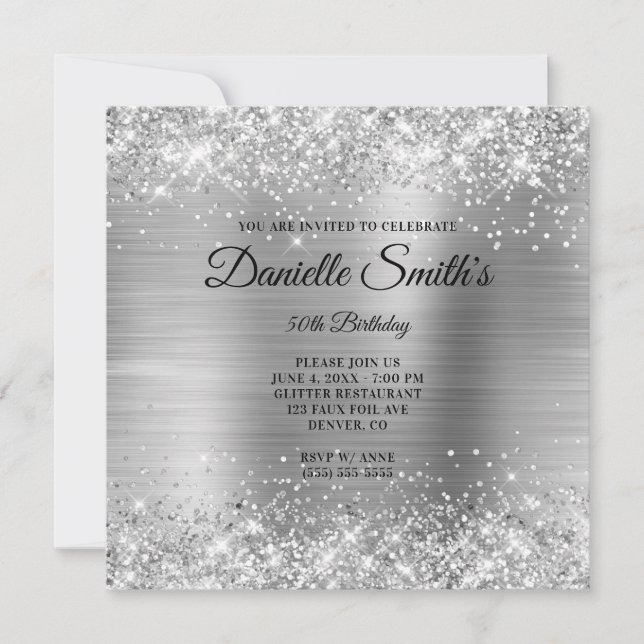 Invitation Faux Silver Parties scintillant Foil Monogramme 50 (Devant)