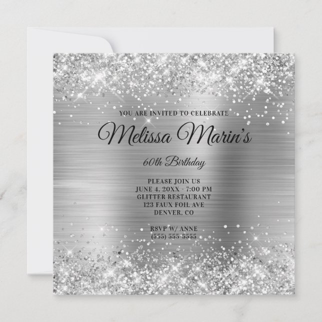 Invitation Faux Silver Parties scintillant Foil Monogramme 60 (Devant)