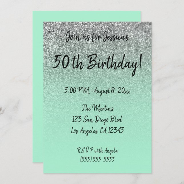 Invitation Faux Silver Parties scintillant Mint Green Ombre 5 (Devant / Derrière)