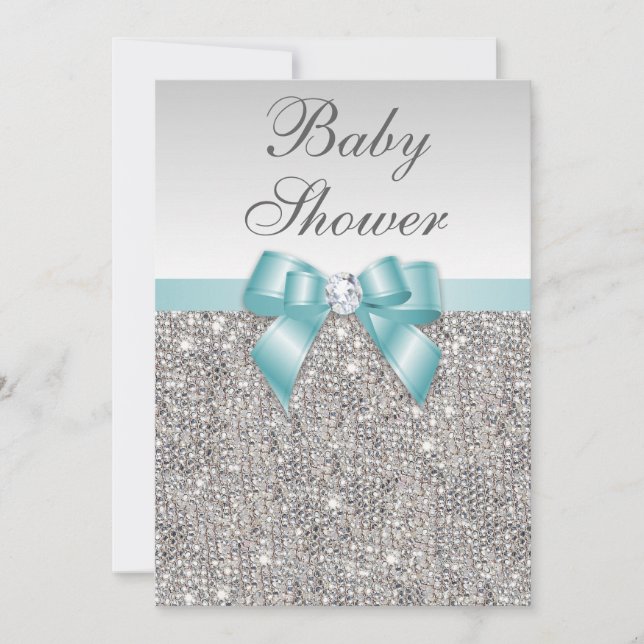 Invitation Faux Silver Sequins Baby shower bleu Turquoise (Devant)