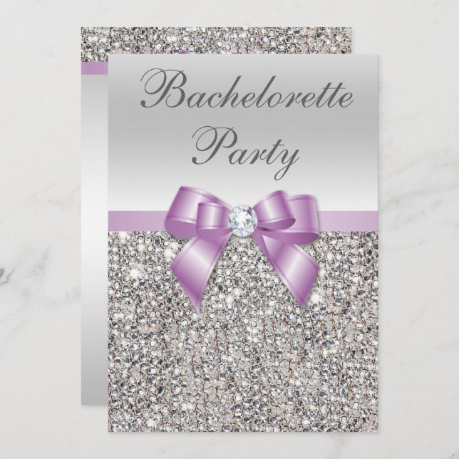 Invitation Faux Silver Sequins Lilac Bow Bachelorette Party (Devant / Derrière)